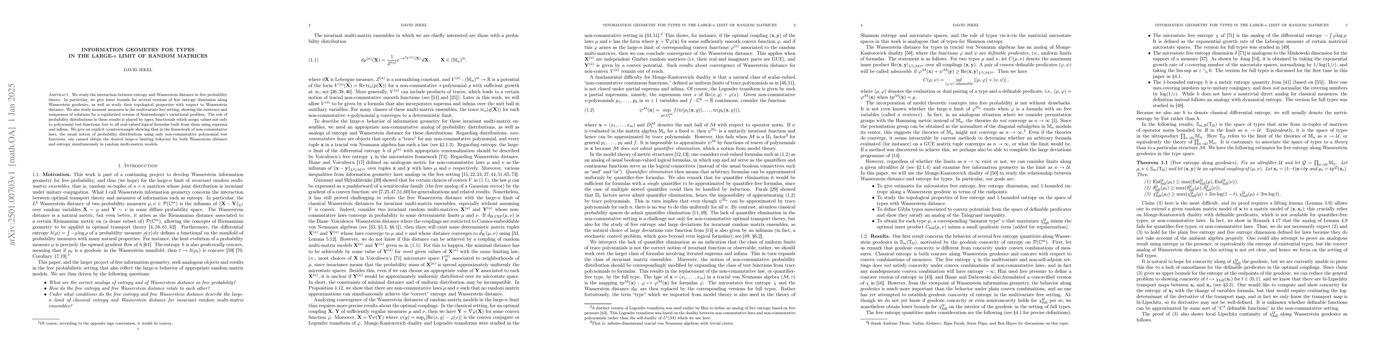 Thumbnail for Information geometry for types in the large-$n$ limit of random matrices