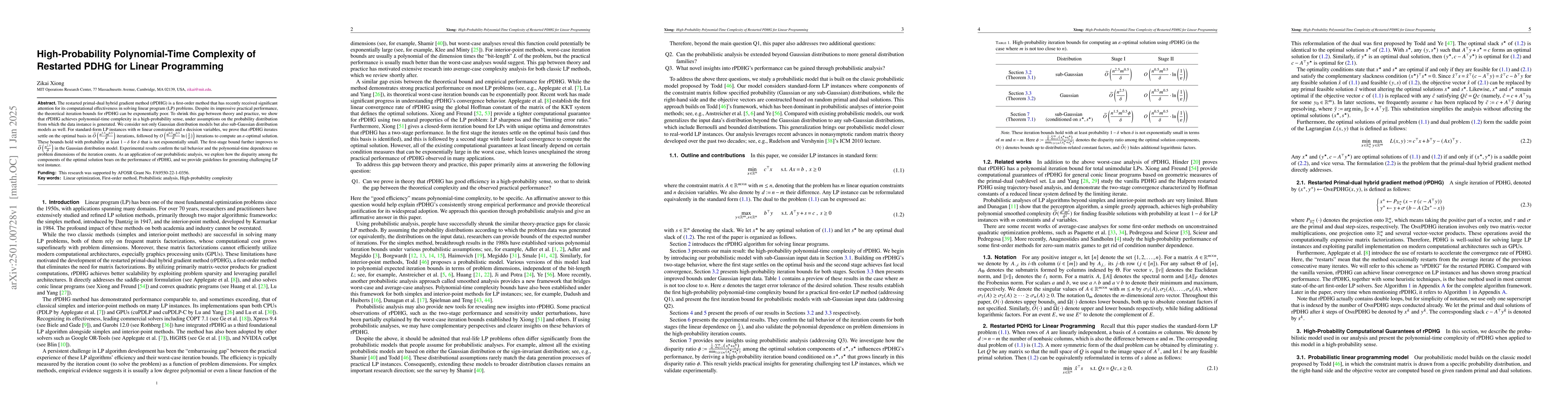Thumbnail for High-Probability Polynomial-Time Complexity of Restarted PDHG for Linear
  Programming