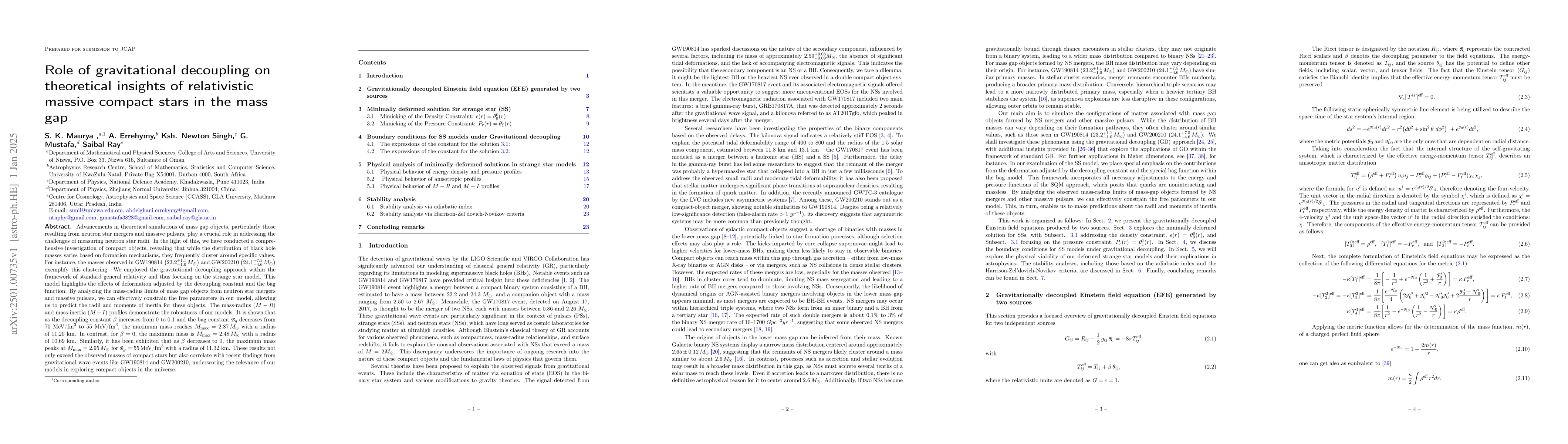 Thumbnail for Role of gravitational decoupling on theoretical insights of relativistic
  massive compact stars in the mass gap