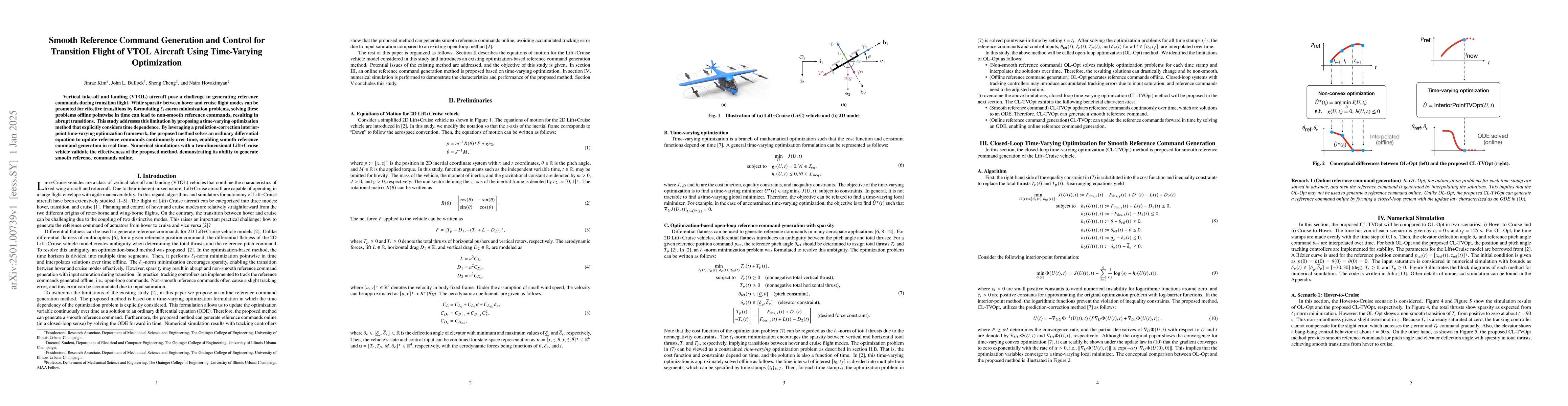 Thumbnail for Smooth Reference Command Generation and Control for Transition Flight of
  VTOL Aircraft Using Time-Varying Optimization