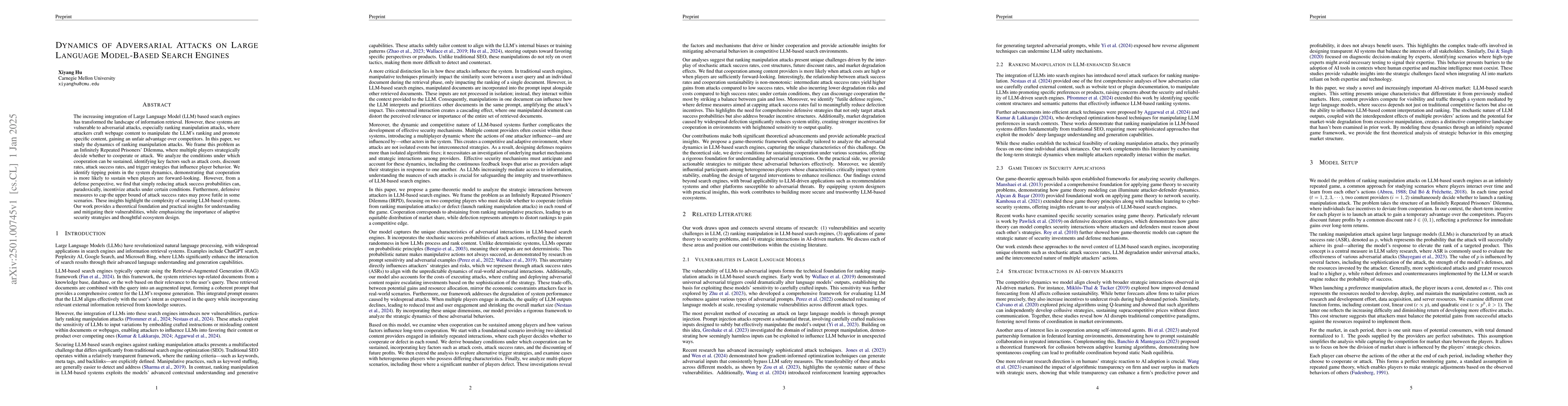 Thumbnail for Dynamics of Adversarial Attacks on Large Language Model-Based Search
  Engines