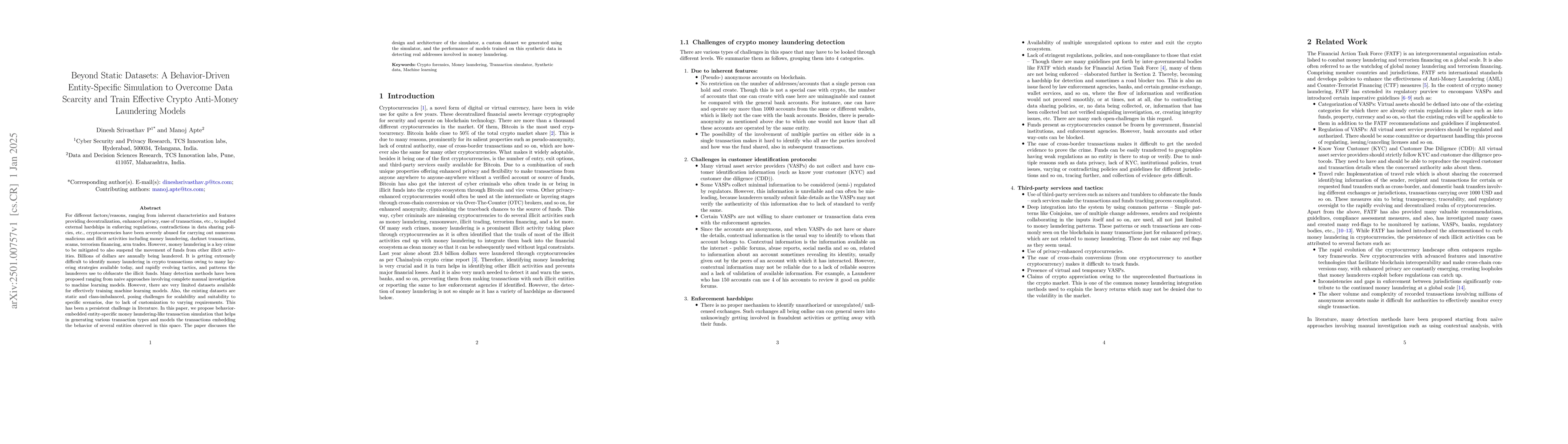 Thumbnail for Beyond Static Datasets: A Behavior-Driven Entity-Specific Simulation to
  Overcome Data Scarcity and Train Effective Crypto Anti-Money Laundering
  Models