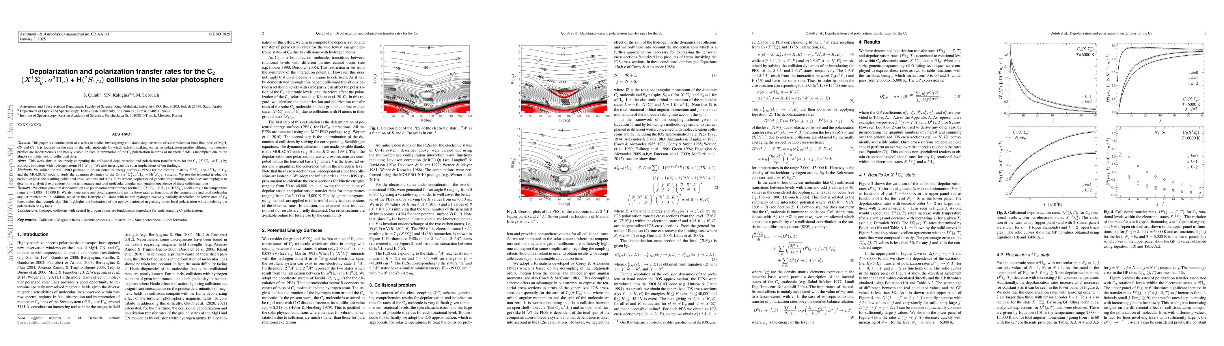 Thumbnail for Depolarization and polarization transfer rates for the C$_2$ $(X
  ^1Σ^+_g, a ^3Π_u)$ + H$(^2S_{1/2})$ collisions in the solar
  photosphere