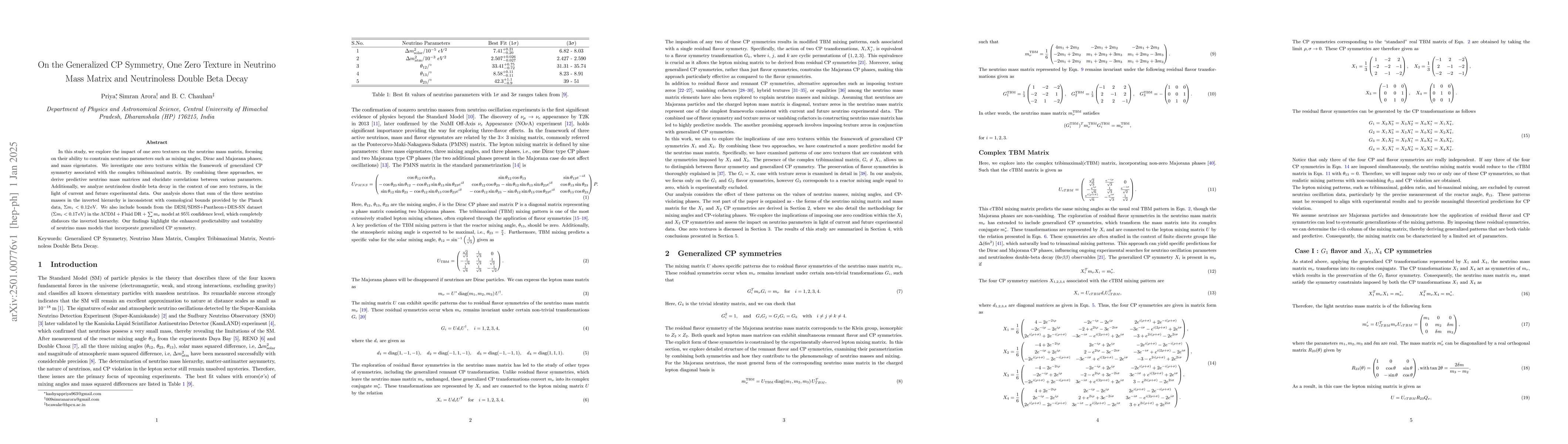Thumbnail for On the Generalized CP Symmetry, One Zero Texture in Neutrino Mass Matrix
  and Neutrinoless Double Beta Decay