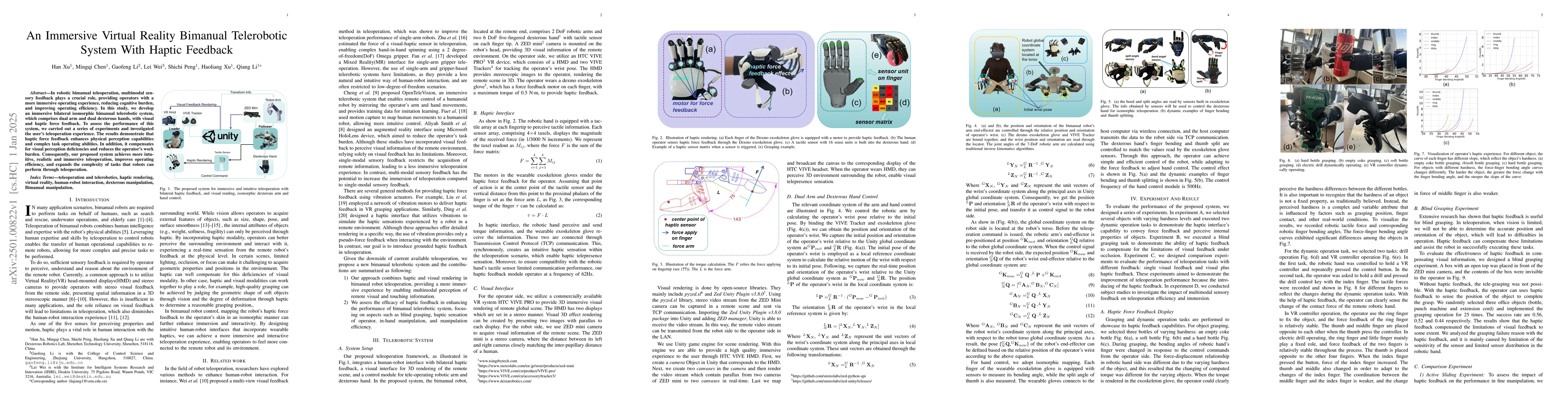 Thumbnail for An Immersive Virtual Reality Bimanual Telerobotic System With Haptic
  Feedback
