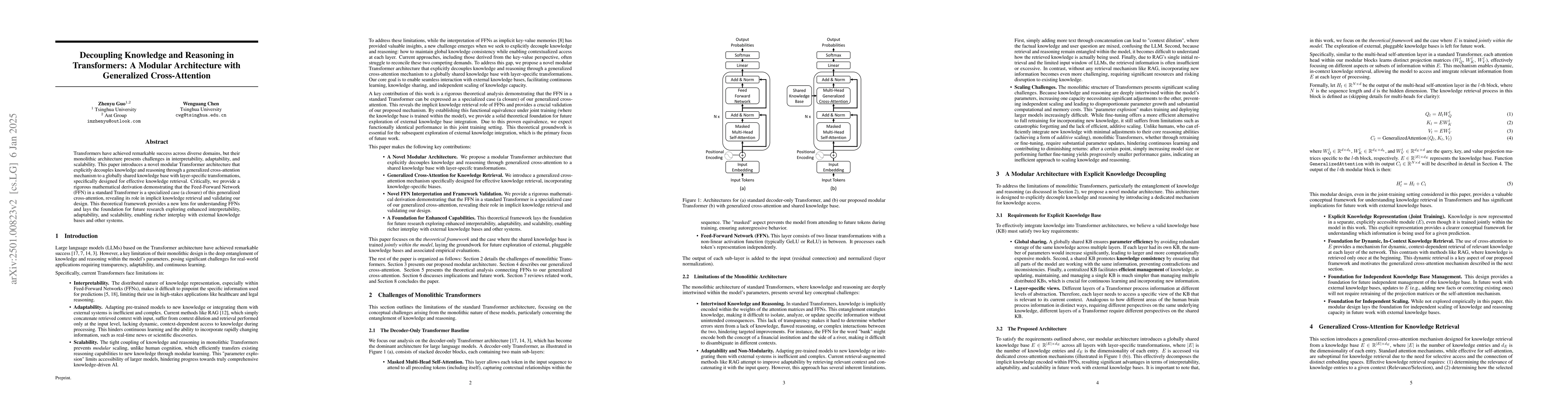 Thumbnail for Decoupling Knowledge and Reasoning in Transformers: A Modular
  Architecture with Generalized Cross-Attention