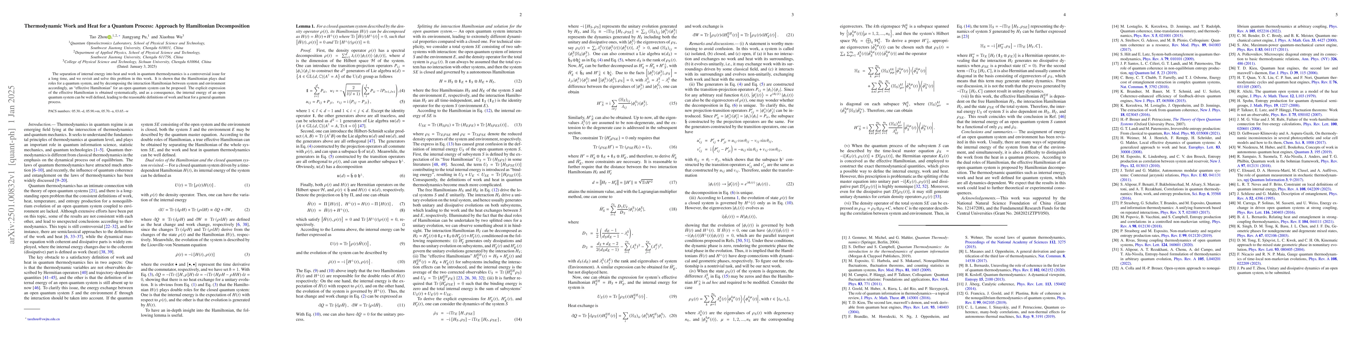 Thumbnail for Thermodynamic work and heat for a quantum process: Approach by
  Hamiltonian decomposition