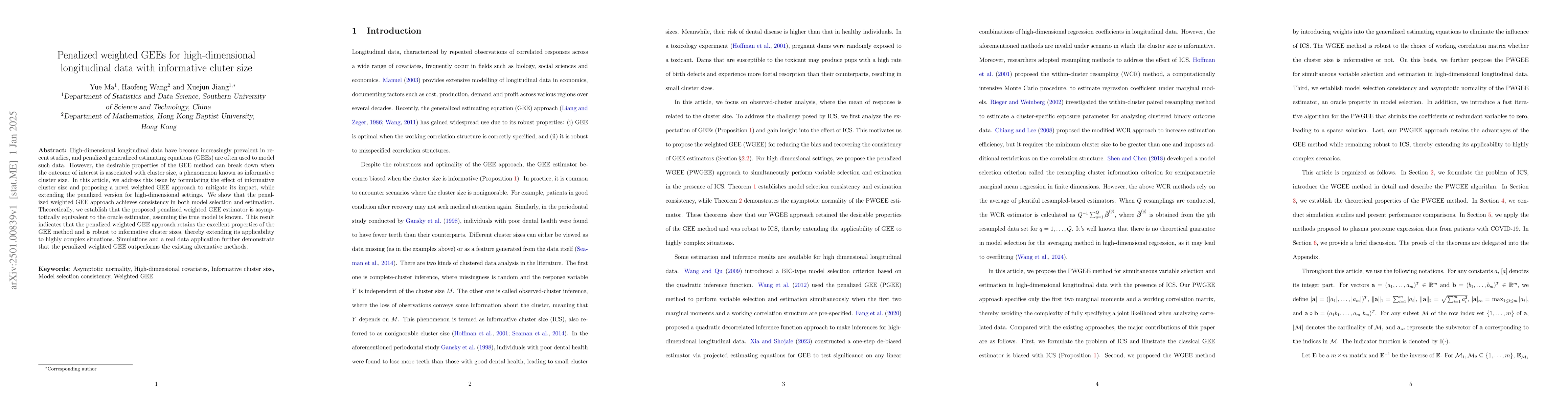 Thumbnail for Penalized weighted GEEs for high-dimensional longitudinal data with
  informative cluter size