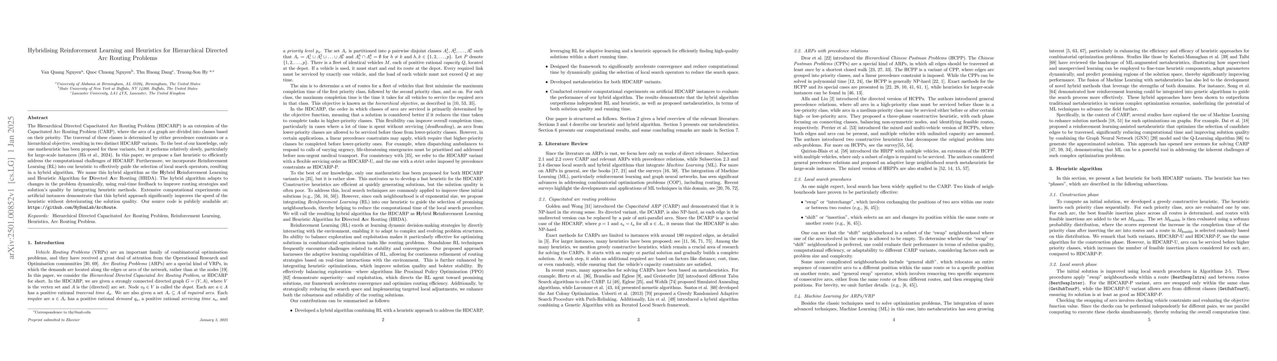 Thumbnail for Hybridising Reinforcement Learning and Heuristics for Hierarchical
  Directed Arc Routing Problems