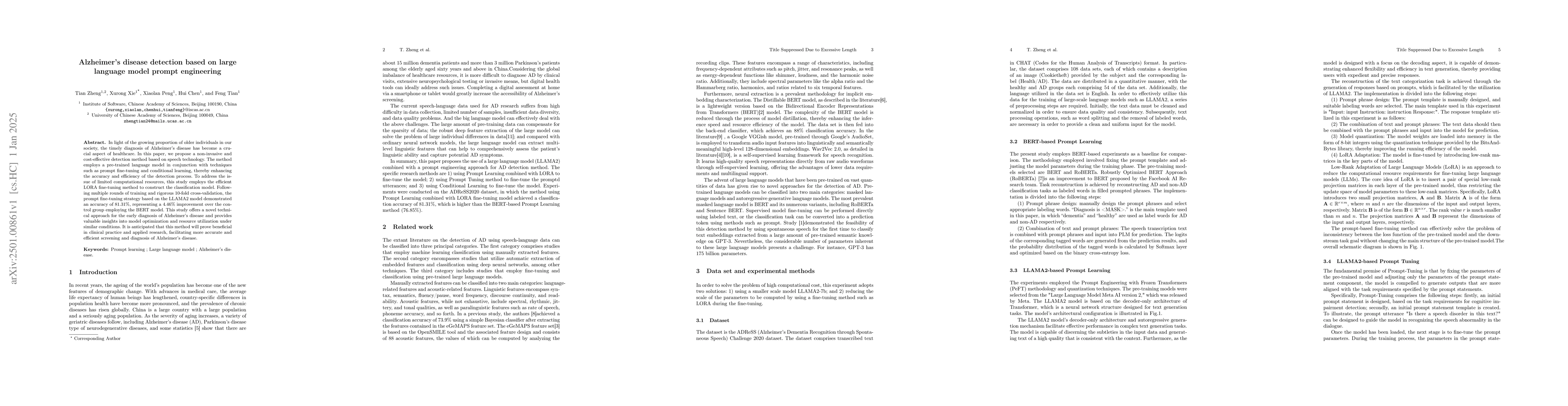 Thumbnail for Alzheimer's disease detection based on large language model prompt
  engineering