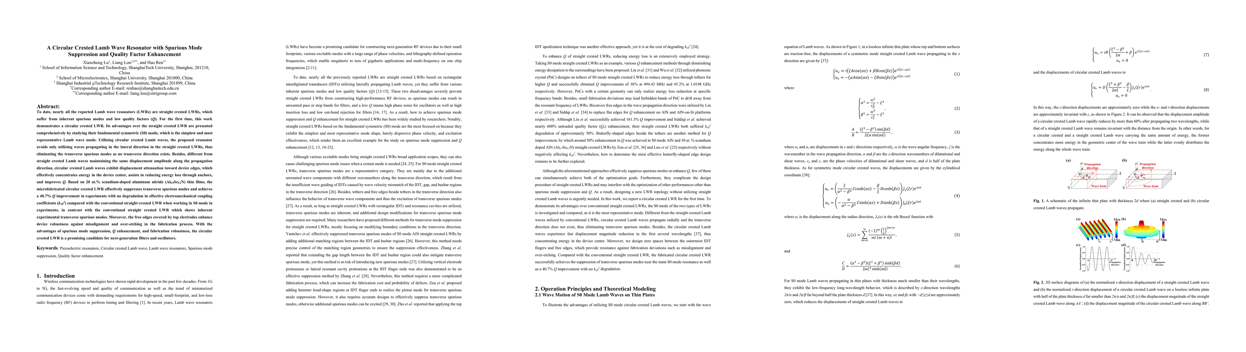Thumbnail for A Circular Crested Lamb Wave Resonator with Spurious Mode Suppression
  and Quality Factor Enhancement