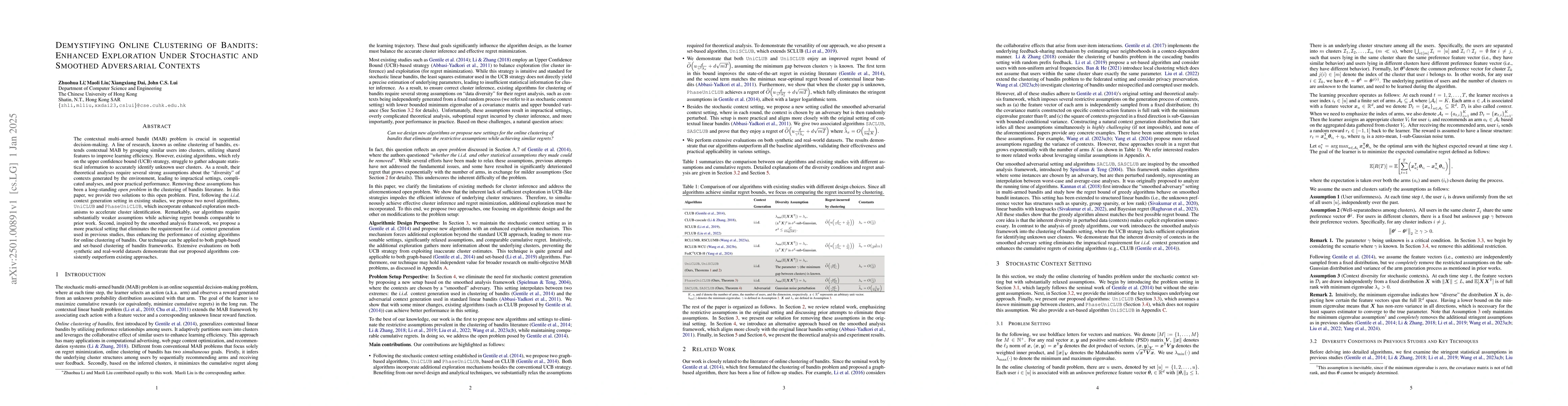 Thumbnail for Demystifying Online Clustering of Bandits: Enhanced Exploration Under
  Stochastic and Smoothed Adversarial Contexts