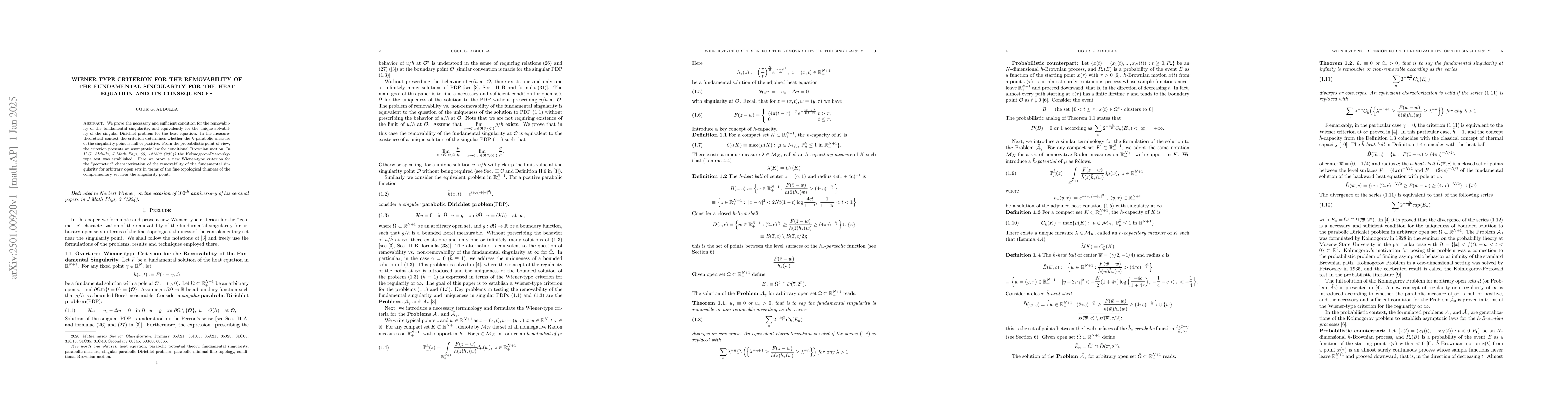 Thumbnail for Wiener-type Criterion for the Removability of the Fundamental
  Singularity for the Heat Equation and its Consequences