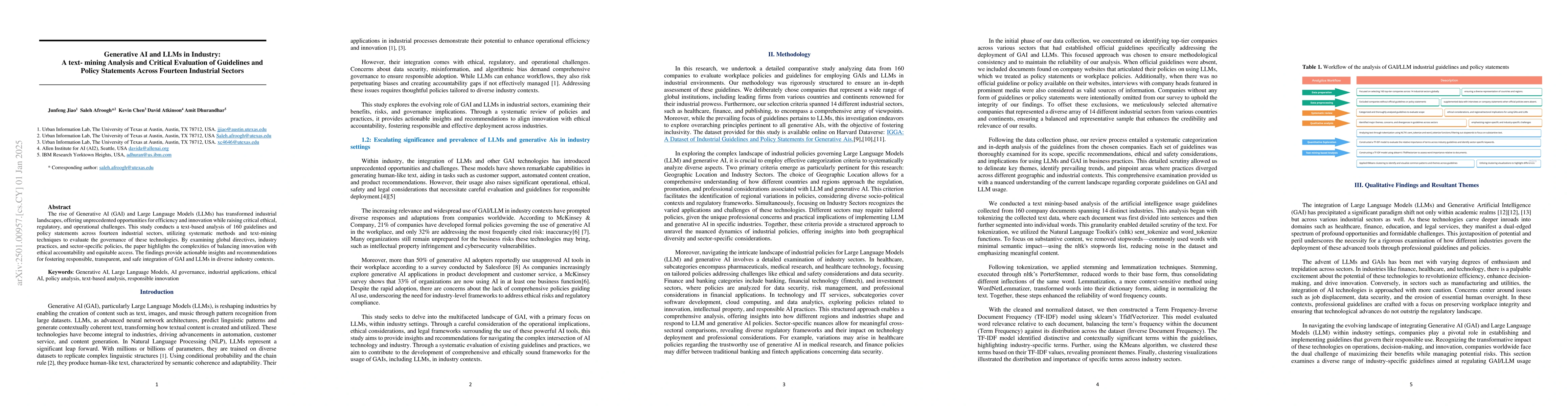 Thumbnail for Generative AI and LLMs in Industry: A text-mining Analysis and Critical
  Evaluation of Guidelines and Policy Statements Across Fourteen Industrial
  Sectors
