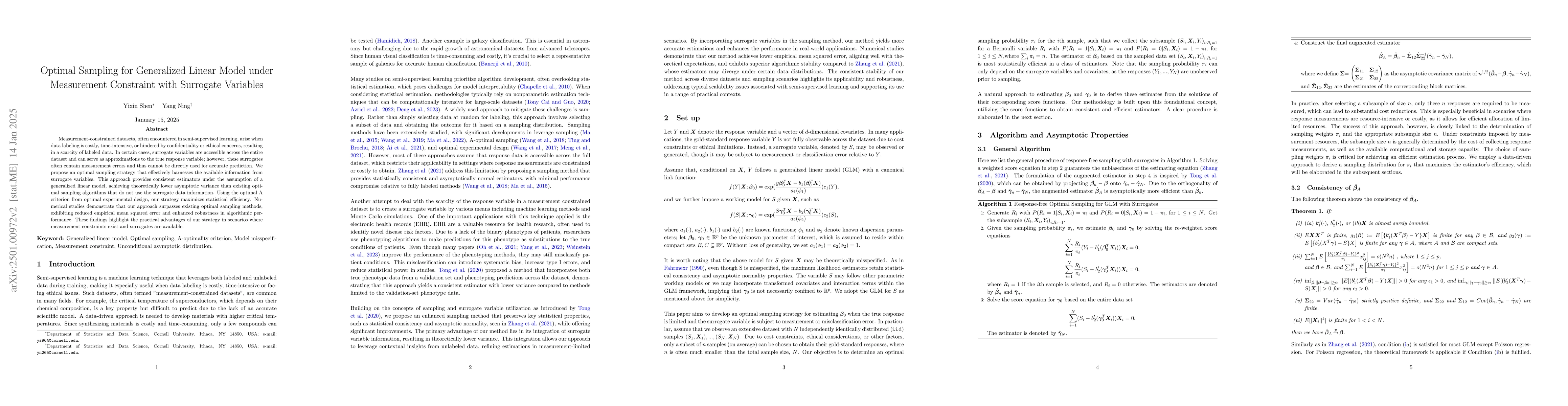 Thumbnail for Optimal Sampling for Generalized Linear Model under Measurement
  Constraint with Surrogate Variables
