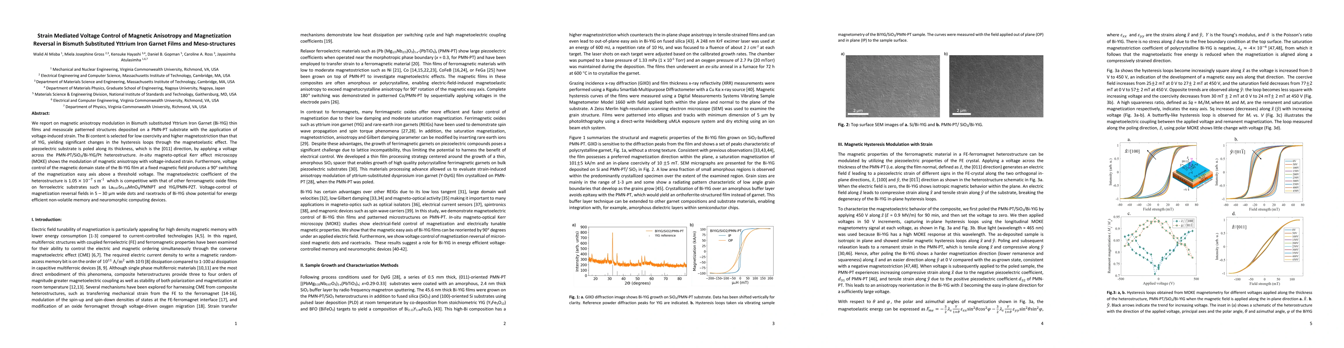 Thumbnail for Strain Mediated Voltage Control of Magnetic Anisotropy and Magnetization
  Reversal in Bismuth Substituted Yttrium Iron Garnet Films and Meso-structures