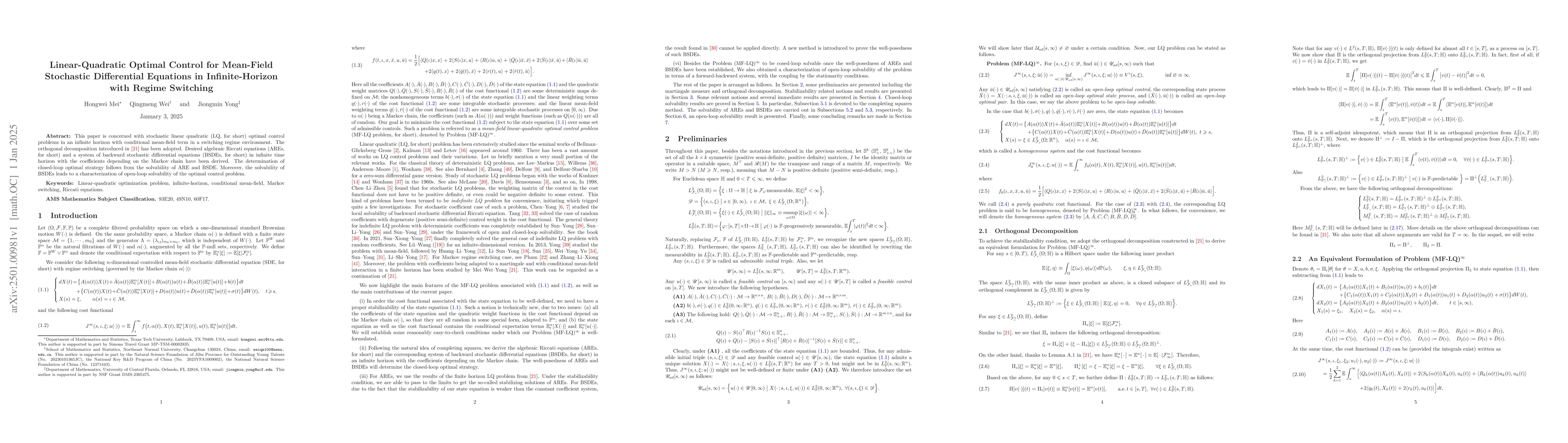 Thumbnail for Linear-Quadratic Optimal Control for Mean-Field Stochastic Differential
  Equations in Infinite-Horizon with Regime Switching