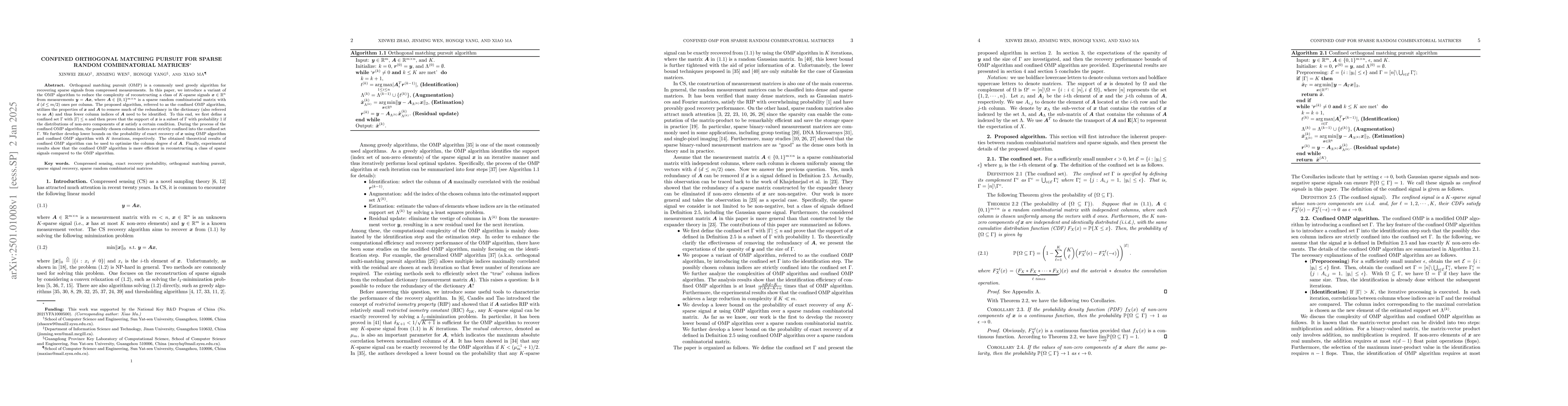 Thumbnail for Confined Orthogonal Matching Pursuit for Sparse Random Combinatorial
  Matrices