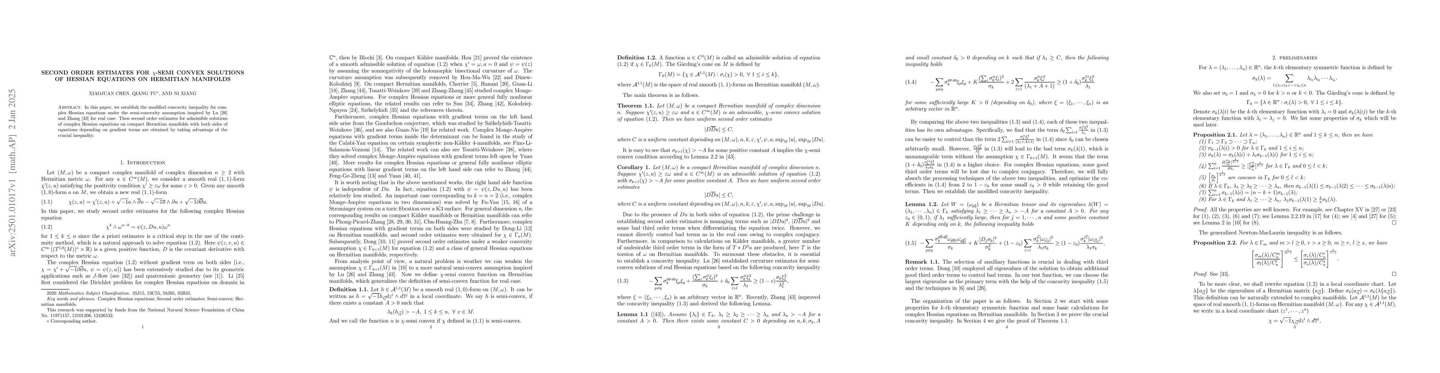 Thumbnail for Second order estimates for $χ$-semi convex solutions of Hessian
  equations on Hermitian manifolds