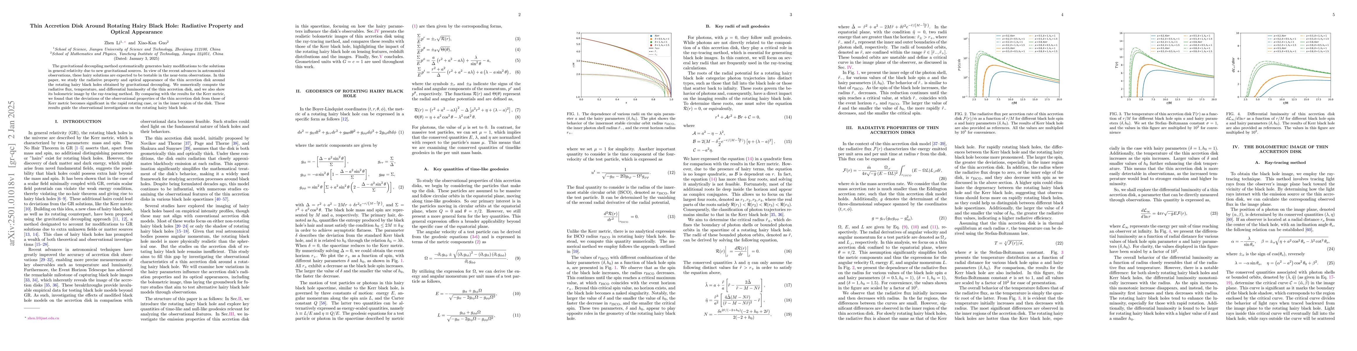 Thumbnail for Thin Accretion Disk Around Rotating Hairy Black Hole: Radiative Property
  and Optical Appearance