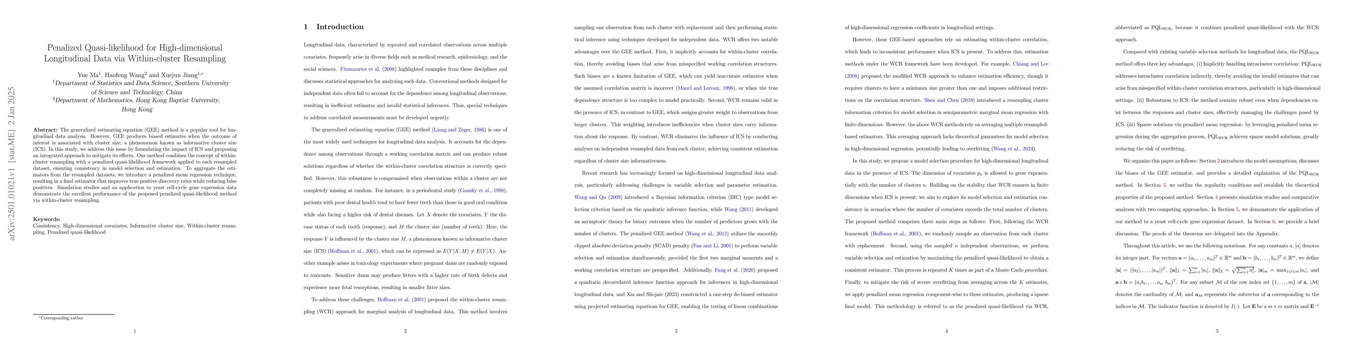 Thumbnail for Penalized Quasi-likelihood for High-dimensional Longitudinal Data via
  Within-cluster Resampling