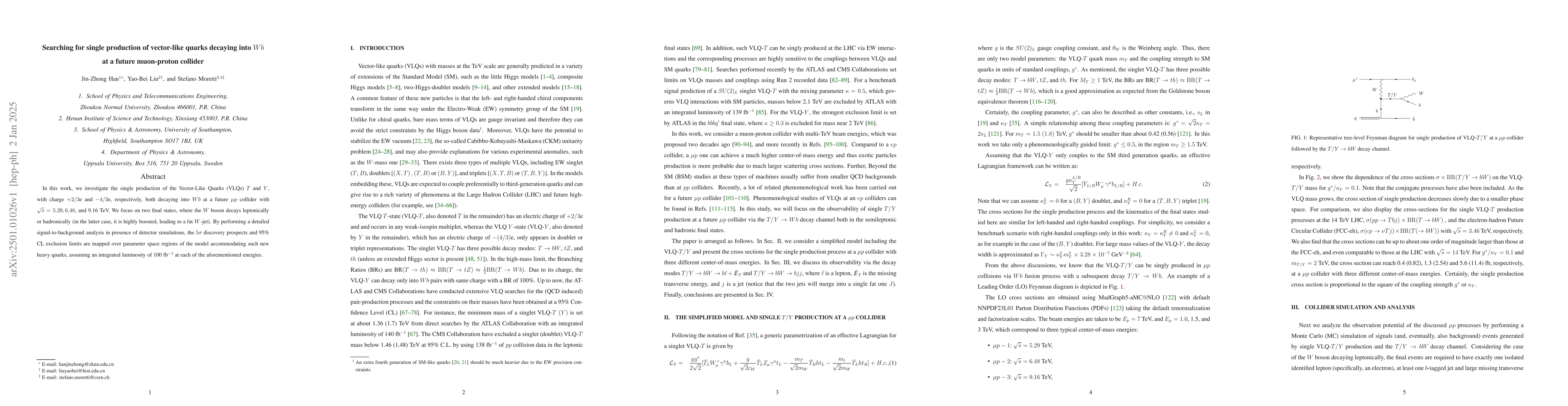 Thumbnail for Searching for single production of vector-like quarks decaying into $Wb$
  at a future muon-proton collider