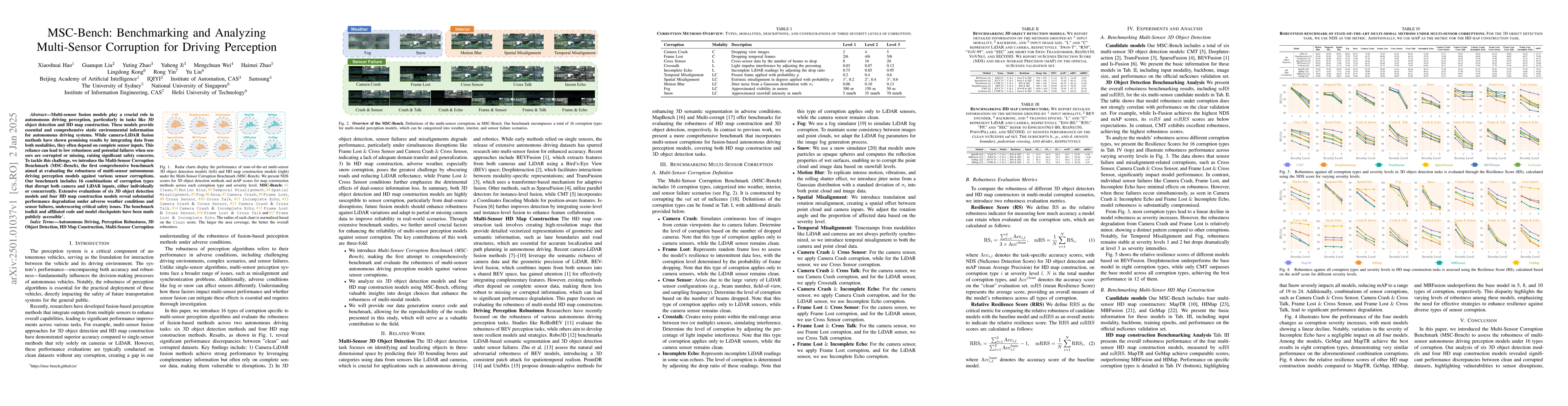 Thumbnail for MSC-Bench: Benchmarking and Analyzing Multi-Sensor Corruption for
  Driving Perception