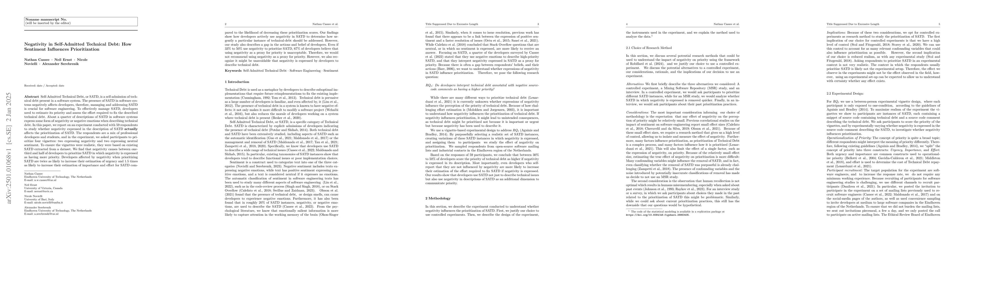 Thumbnail for Negativity in Self-Admitted Technical Debt: How Sentiment Influences
  Prioritization