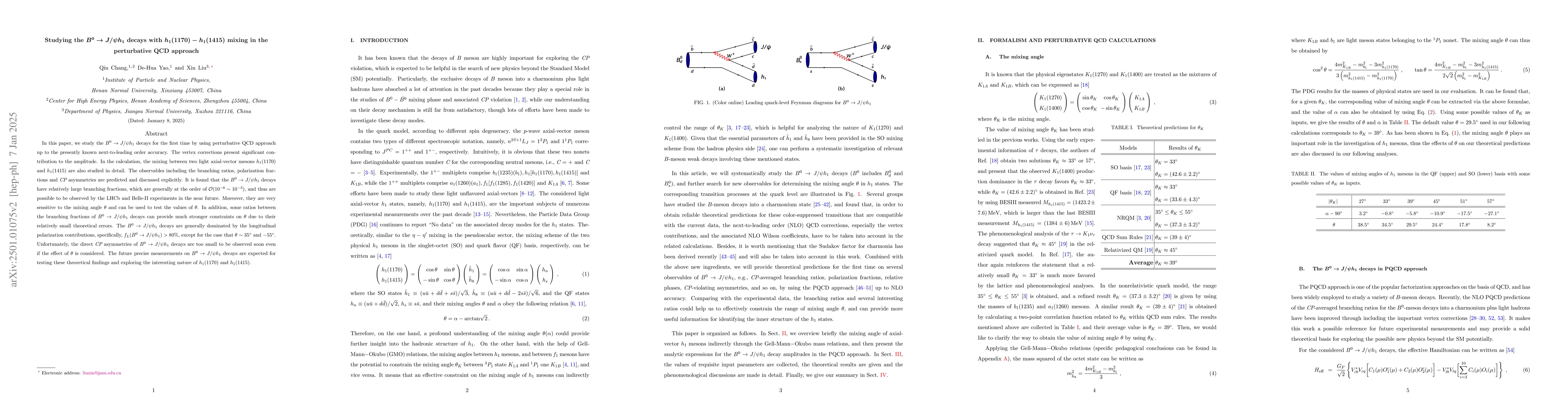 Thumbnail for Studying the $B^{0} \to J/ψh_{1}$ decays with
  $h_{1}(1170)-h_{1}(1415)$ mixing in the perturbative QCD approach