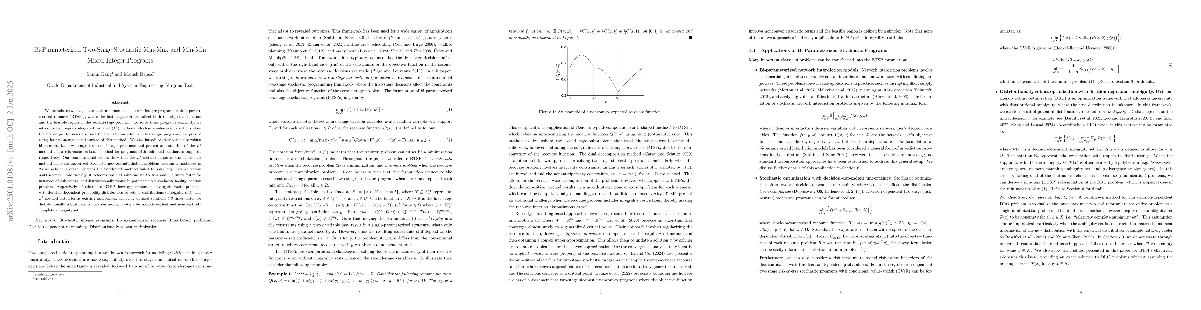 Thumbnail for Bi-Parameterized Two-Stage Stochastic Min-Max and Min-Min Mixed Integer
  Programs