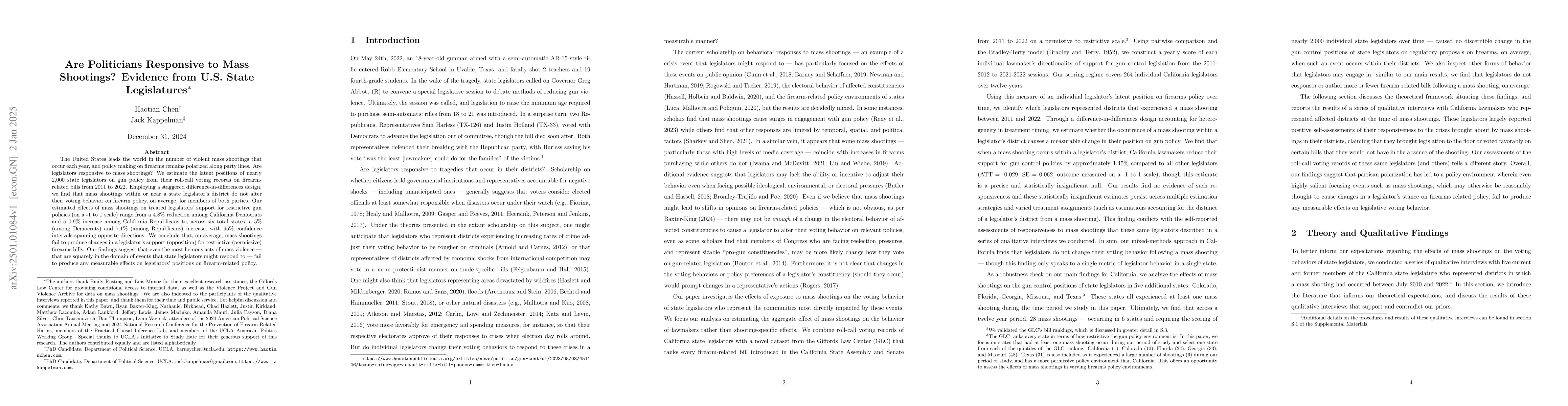 Thumbnail for Are Politicians Responsive to Mass Shootings? Evidence from U.S. State
  Legislatures