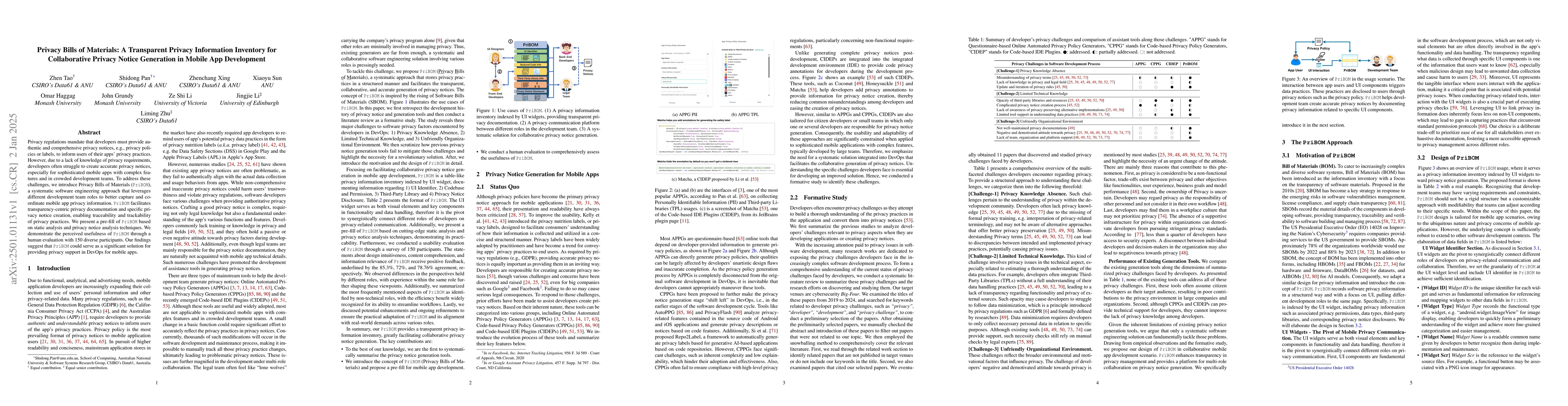 Thumbnail for Privacy Bills of Materials: A Transparent Privacy Information Inventory
  for Collaborative Privacy Notice Generation in Mobile App Development