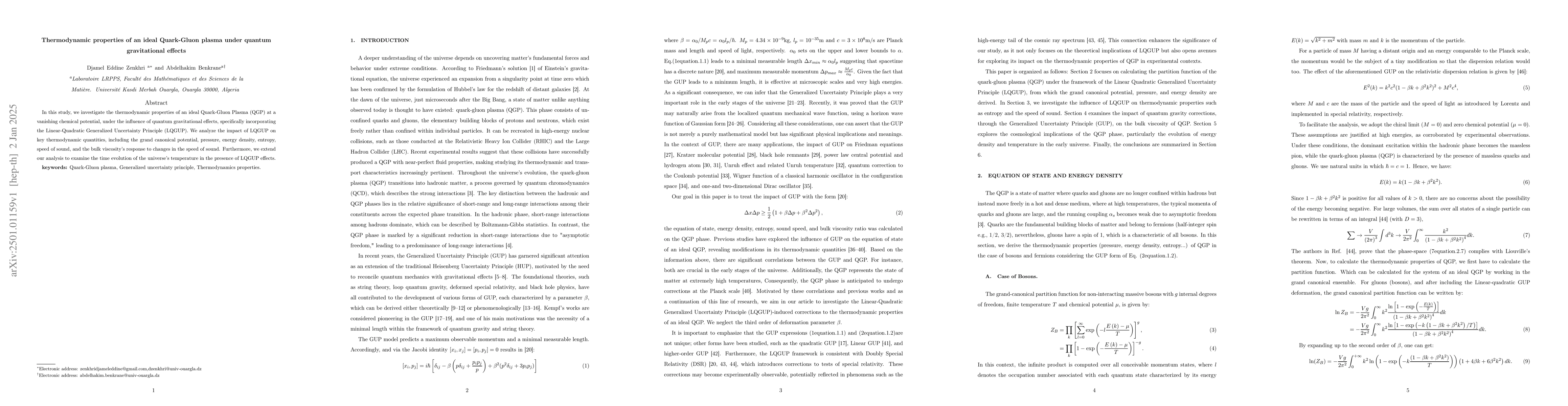 Thumbnail for Thermodynamic properties of an ideal Quark-Gluon plasma under quantum
  gravitational effects