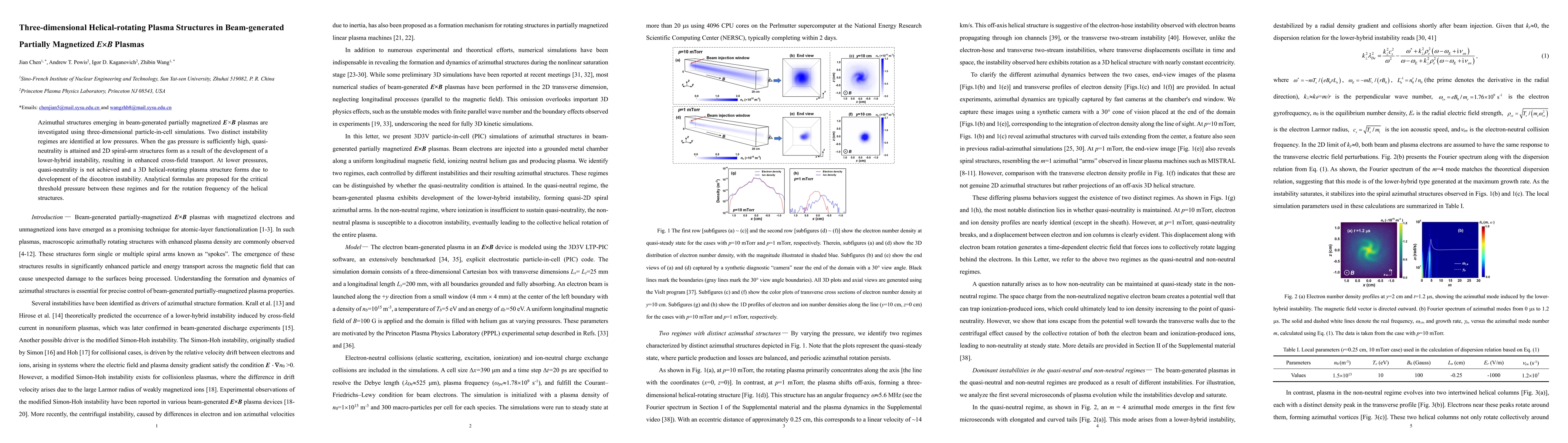 Thumbnail for Three-dimensional Helical-rotating Plasma Structures in Beam-generated
  Partially Magnetized E $\times$ B Plasmas