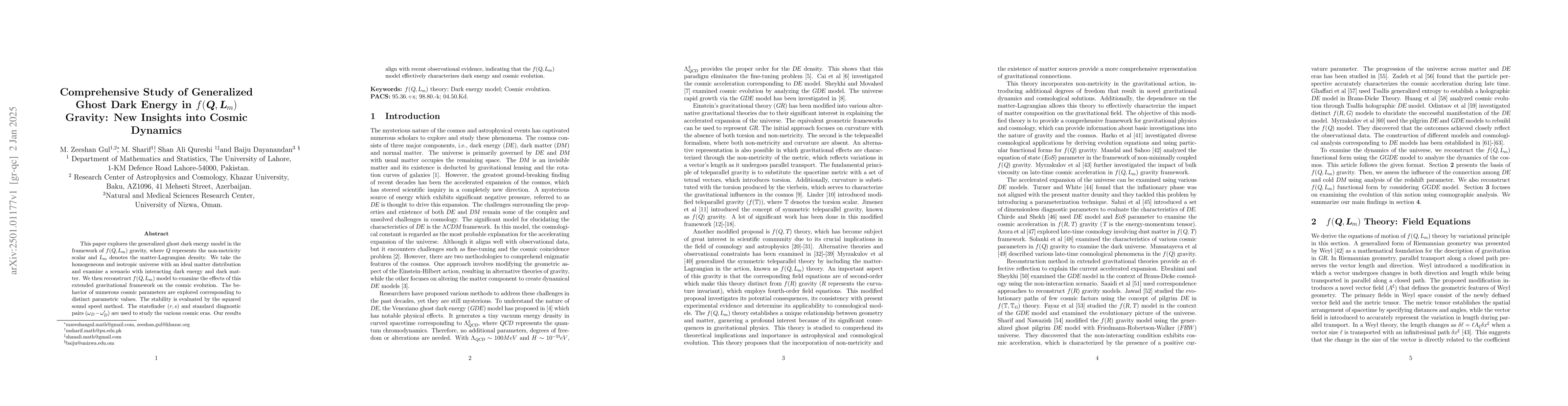 Thumbnail for Comprehensive Study of Generalized Ghost Dark Energy in $f(\textsl{Q},
  \textsl{L}_{m})$ Gravity: New Insights into Cosmic Dynamics