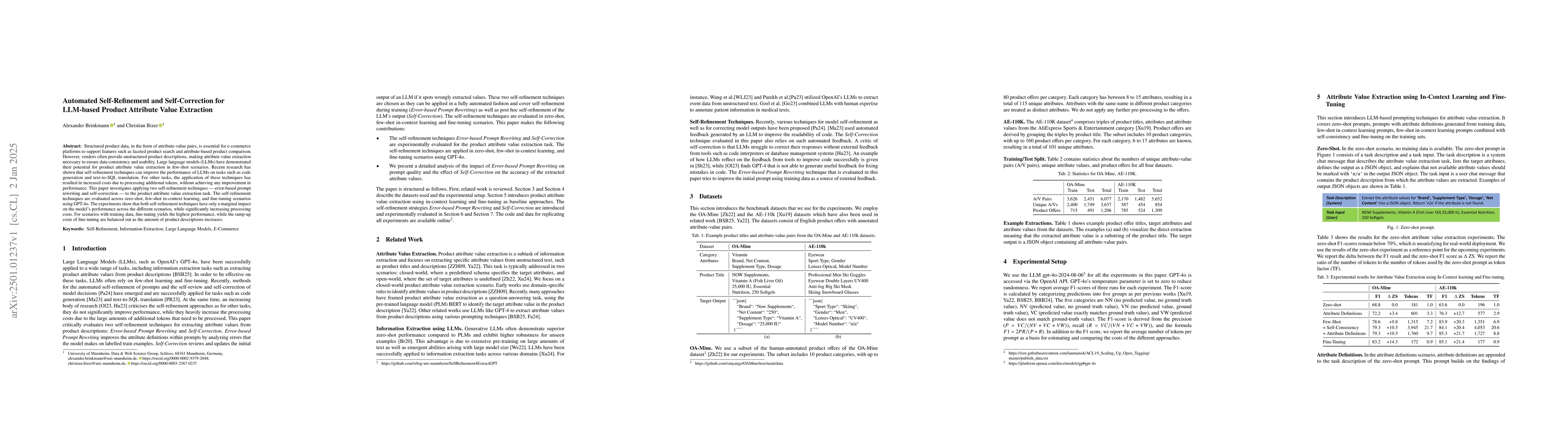 Thumbnail for Automated Self-Refinement and Self-Correction for LLM-based Product
  Attribute Value Extraction