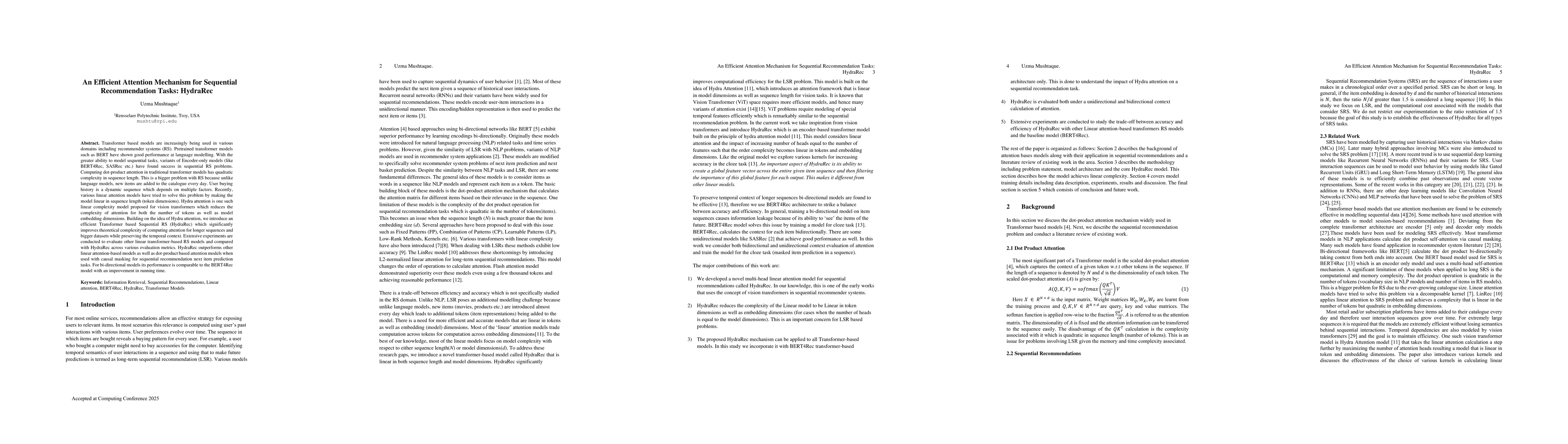 Thumbnail for An Efficient Attention Mechanism for Sequential Recommendation Tasks:
  HydraRec