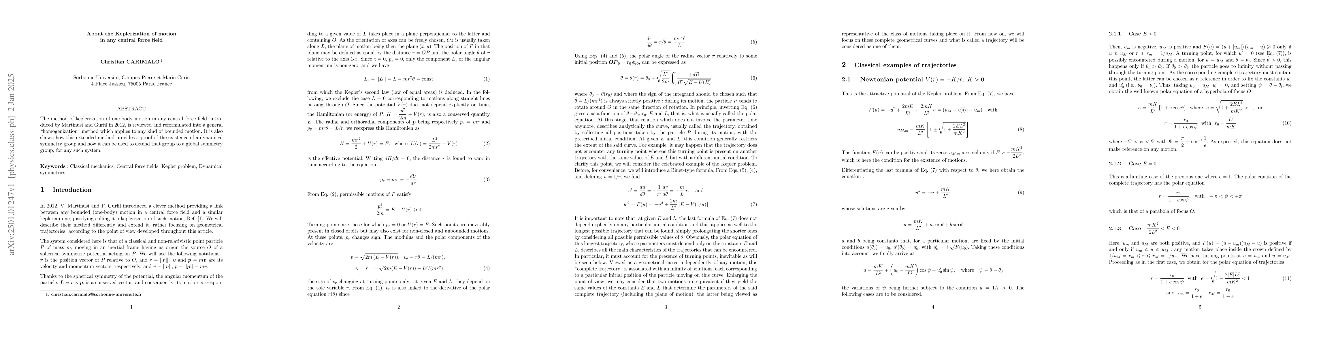 Thumbnail for About the Keplerization of motion in any central force field