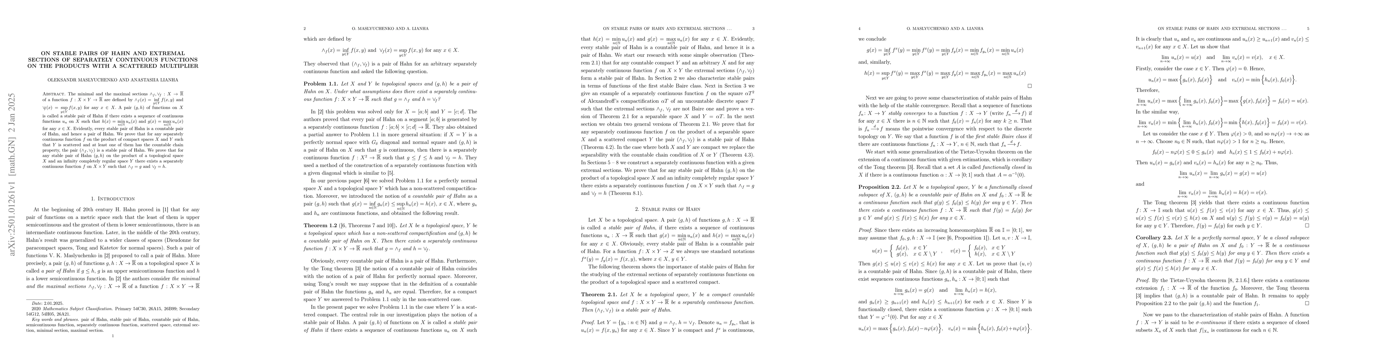 Thumbnail for On stable pairs of Hahn and extremal sections of separately continuous
  functions on the products with a scattered multiplier