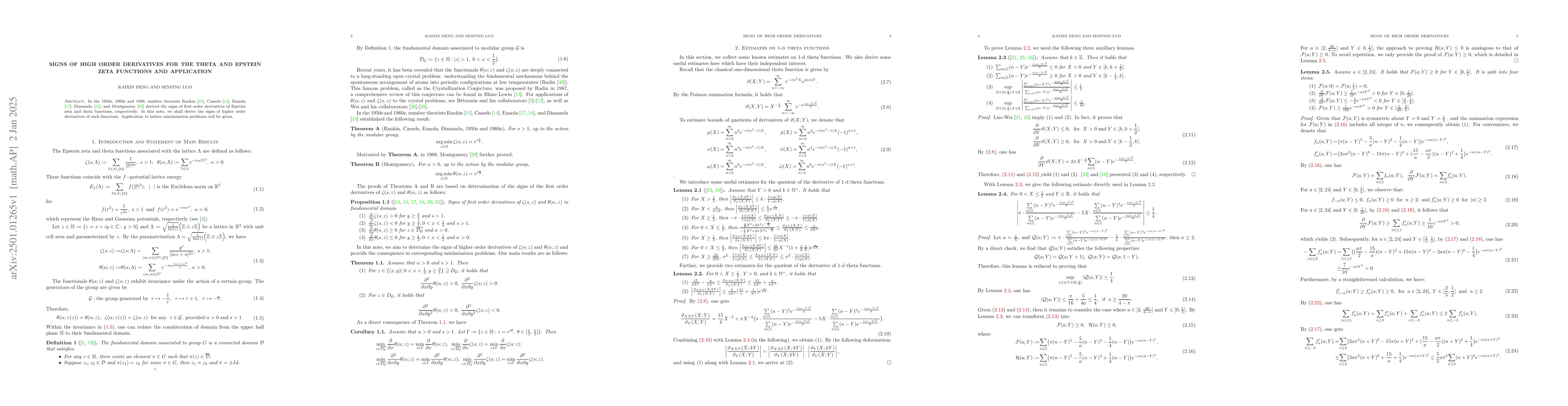 Thumbnail for Signs of high order derivatives for the theta and Epstein zeta functions
  and application
