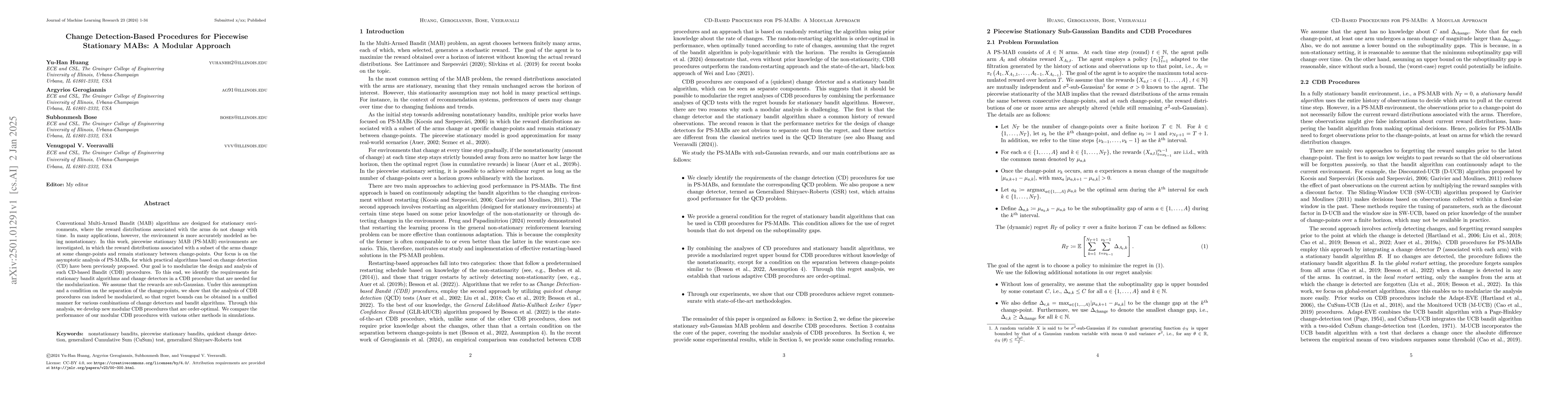 Thumbnail for Change Detection-Based Procedures for Piecewise Stationary MABs: A
  Modular Approach