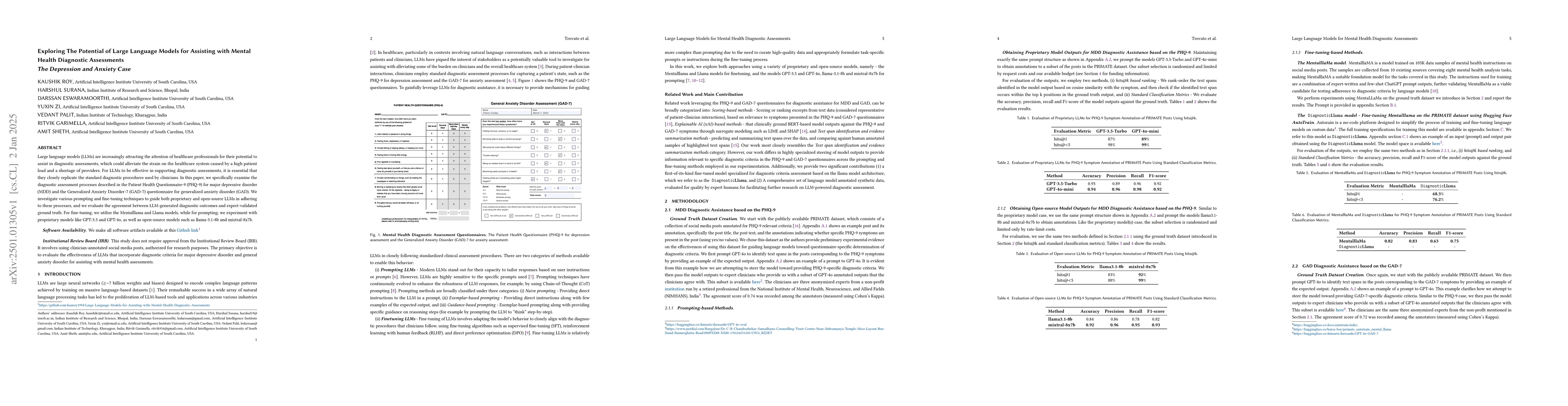 Thumbnail for Large Language Models for Mental Health Diagnostic Assessments:
  Exploring The Potential of Large Language Models for Assisting with Mental
  Health Diagnostic Assessments -- The Depression and Anxiety Case