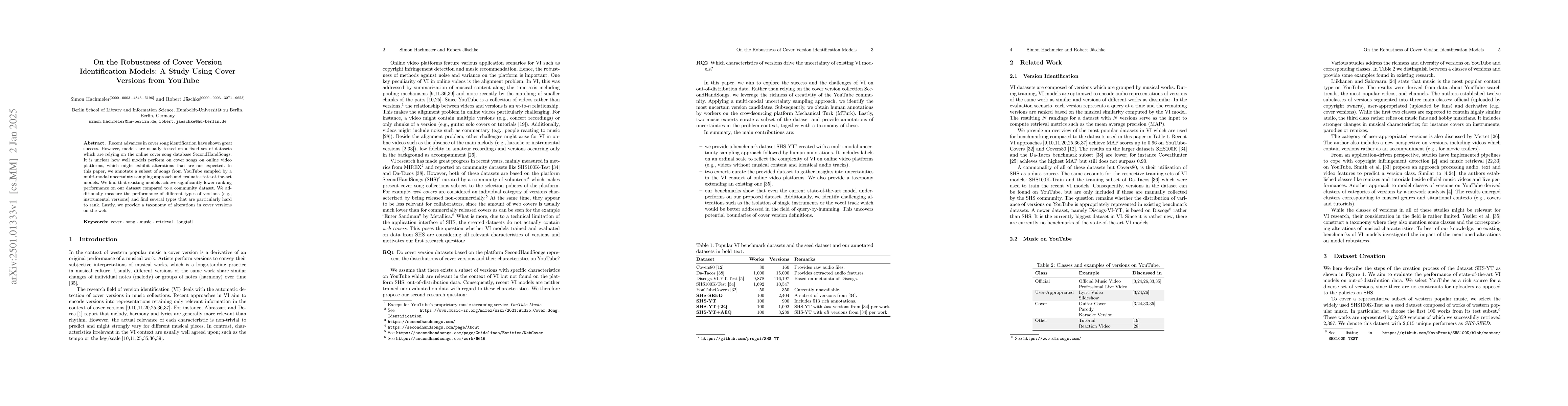 Thumbnail for On the Robustness of Cover Version Identification Models: A Study Using
  Cover Versions from YouTube