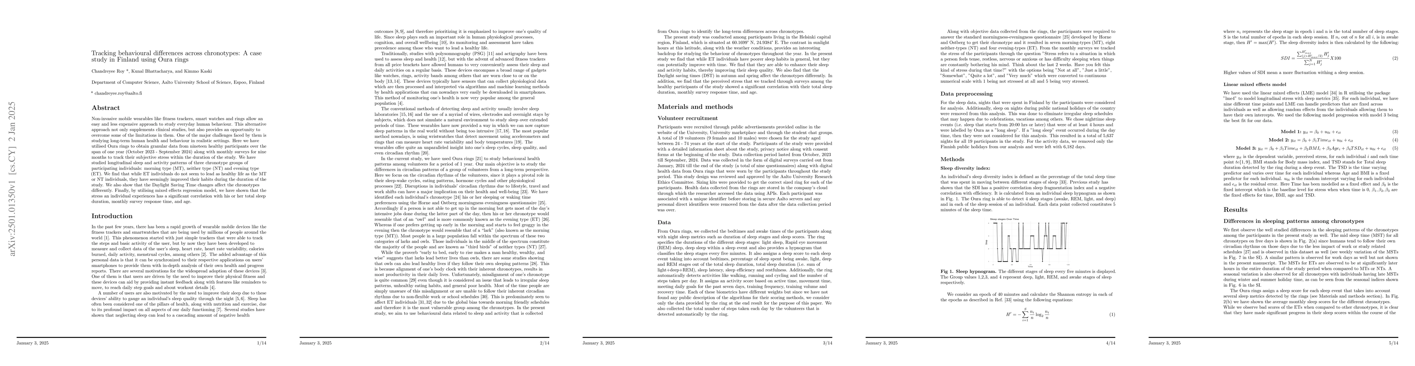 Thumbnail for Tracking behavioural differences across chronotypes: A case study in
  Finland using Oura rings