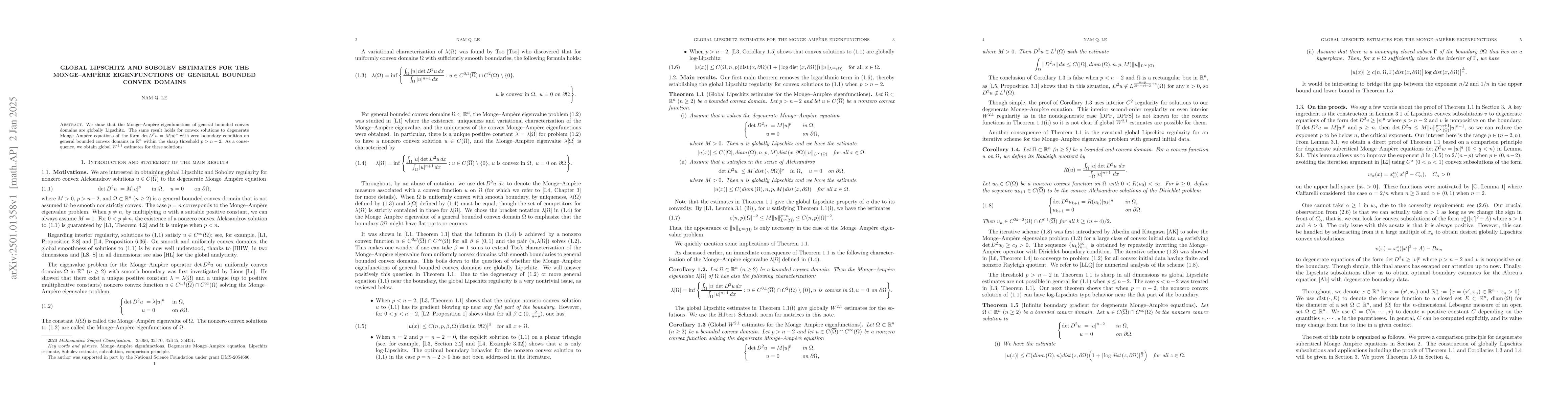 Thumbnail for Global Lipschitz and Sobolev estimates for the Monge-Ampère
  eigenfunctions of general bounded convex domains