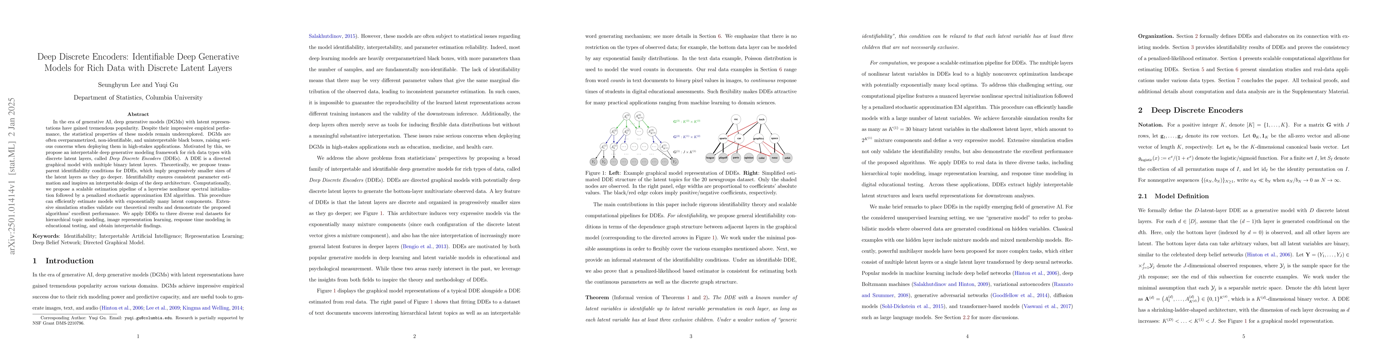 Thumbnail for Deep Discrete Encoders: Identifiable Deep Generative Models for Rich
  Data with Discrete Latent Layers