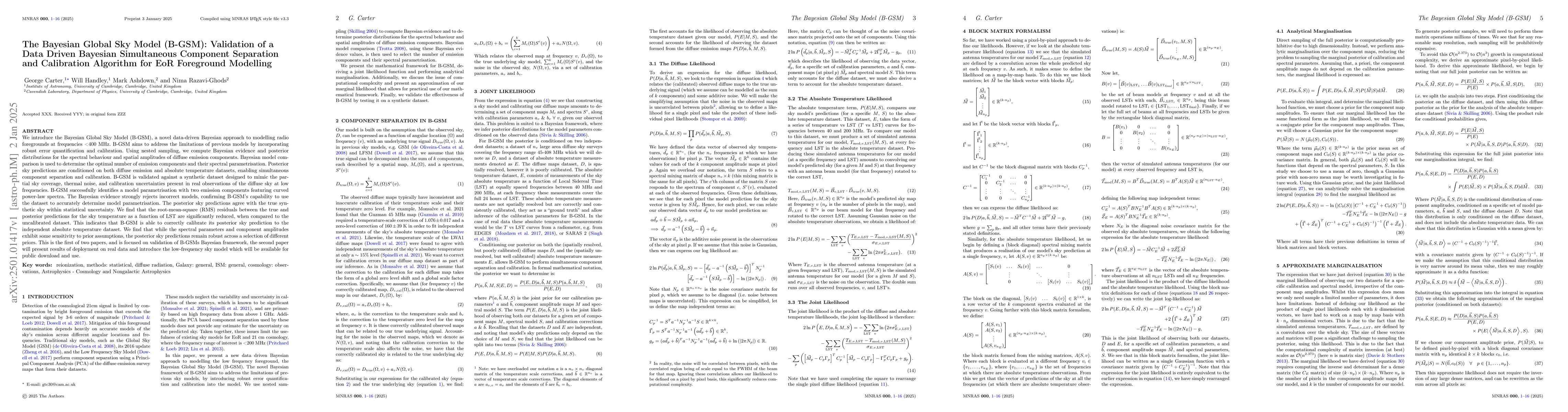 Thumbnail for The Bayesian Global Sky Model (B-GSM): Validation of a Data Driven
  Bayesian Simultaneous Component Separation and Calibration Algorithm for EoR
  Foreground Modelling