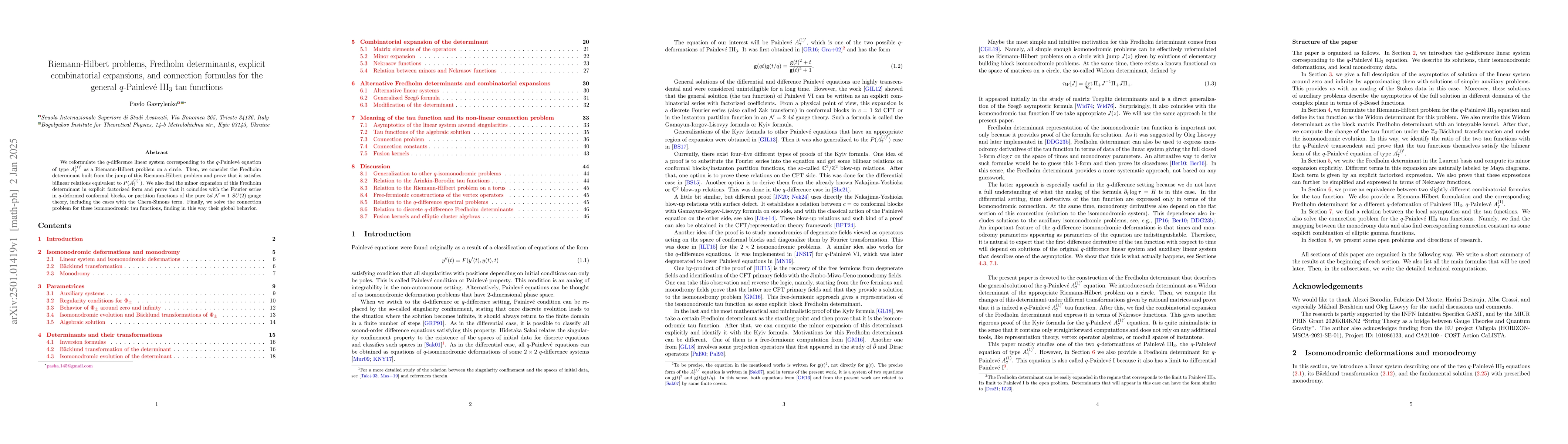Thumbnail for Riemann-Hilbert problems, Fredholm determinants, explicit combinatorial
  expansions, and connection formulas for the general $q$-Painlevé III$_3$
  tau functions