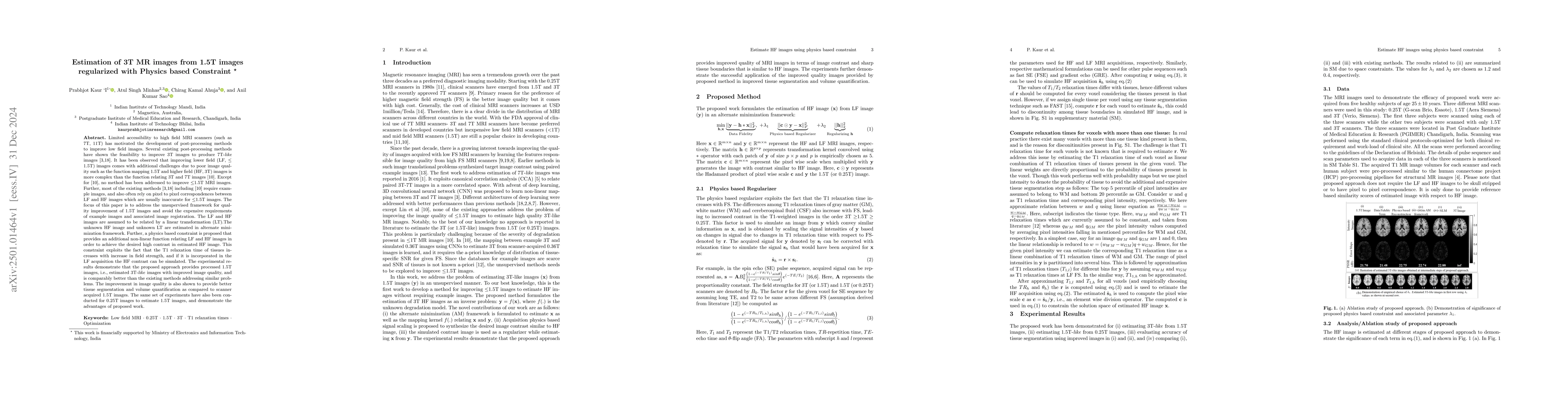 Thumbnail for Estimation of 3T MR images from 1.5T images regularized with Physics
  based Constraint
