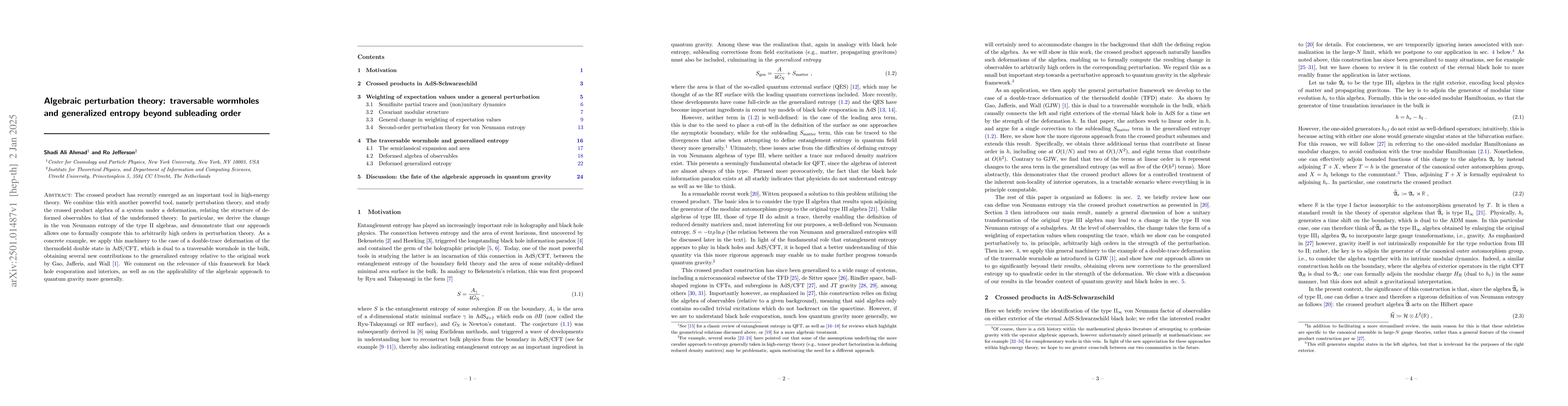Thumbnail for Algebraic perturbation theory: traversable wormholes and generalized
  entropy beyond subleading order